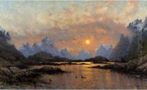 Solnedgang Over Et Fjellvann (sunset Over A Mountain Lake)