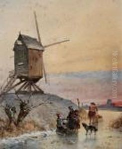 Ijsgezicht Met Kinderen En Duwslede Bij Een Molen by Johan Gerard Smits