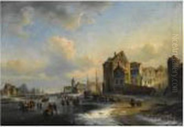 Many Figures On The Ice Near A Wintry Town - view 1