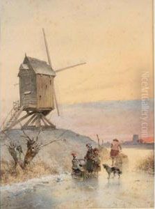 A Winter Landscape With Figures On The Ice by Johan Gerard Smits
