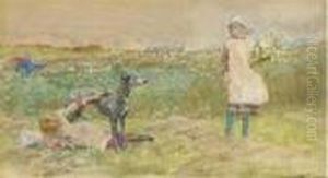 Children Playing Playing With A Greyhound At The Edge Of Ameadow by Lionel Percy Smyth