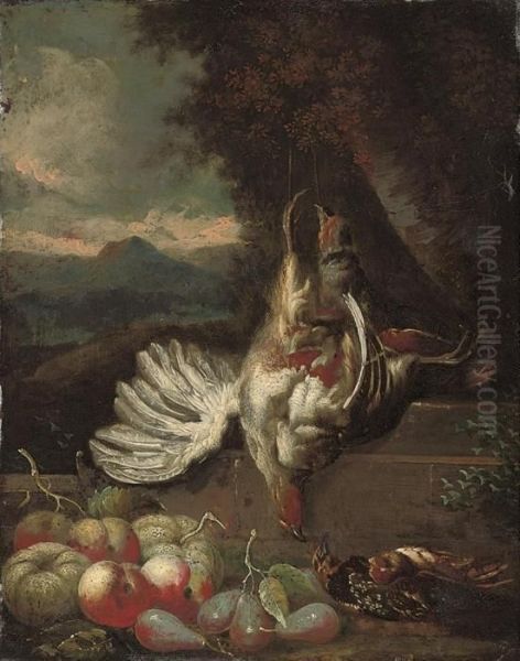 Dead Game On A Stone Ledge, Peaches, Pears And Other Fruit, In Awooded Clearing - view 1