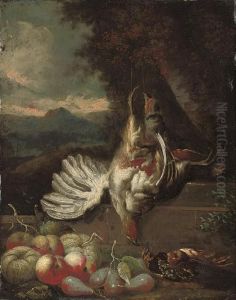 Dead Game On A Stone Ledge, Peaches, Pears And Other Fruit, In Awooded Clearing