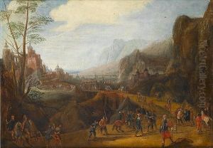 A Skirmish In A Mountain Valley,
A Coastal Town Beyond; And A Rocky Landscape Soldiers Crossing A
Bridge, A Walled Town Beyond by Pieter Snayers