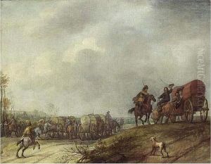 A Landscape With Cavalry And Horse-drawn Wagons, A Dog In The Foreground by Pieter Snayers