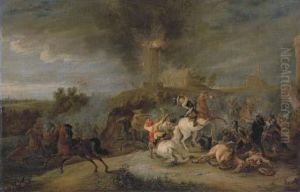 A Cavalry Skirmish With Soldiers Pillaging A Village