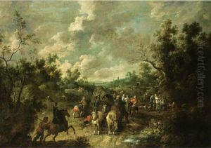 A Wooded Landscape With 
Travellers And A Horse-drawn Wagon Being Ambushed By Brigands And 
Horsemen, A View Of A Church In The Distance