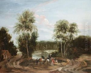 A Wooded Landscape With An Elegant Company Resting Beside A Lake