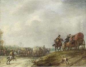 A Landscape With Cavalry And Horse-drawn Carts, A Dog In The Foreground by Pieter Snayers