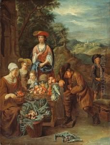 A Vegetable Stall With Figures, A Restingsavoyard And His Marmot A Vegetable Stall With Figures, A Restingsavoyard And His Marmot