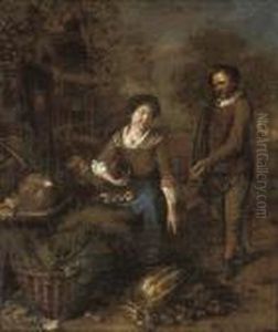 A Wooded Landscape With A Woman Selling Fruit And Vegetables To A Gentleman A Wooded Landscape With A Woman Selling Fruit And Vegetables To A Gentleman