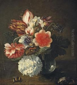 Tulips, Narcissi, 
Chrysanthemums, A Snowball And Other Flowers In A Glass Vase, On A Ledge
 With A Beetle, A Bumblebee And A Red Admiral Butterfly