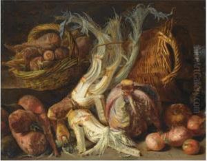 A Still Life With Onions, 
Cabbages, Carrots And Other Vegetables In Two Reed Baskets, All On A 
Floor