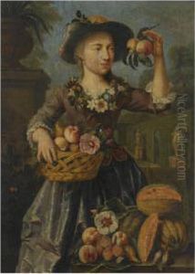 A Young Girl Holding A Reed
Basket Filled With A Peach, Onions And Other Vegetables And Flowers In
One Hand, Two Peaches In Her Other Hand, A Still Life Of Peaches, Melons
And Pruns Resting On A Ledge In The Foreground, All In A Classical
Landscap by Pieter Snyers