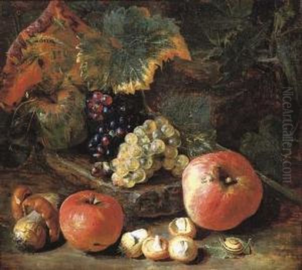 Grapes And Vine Leaves On A Stone Ledge With Apples, Mushrooms And A Snail - view 1