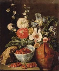 Wild Strawberries In A Blue And 
White Porcelain Bowl, Carnations, Irises, And Other Flowers