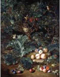 A Forest Floor With Peaches And
Plums Arranged On Stony Ground Below A Small Tree Filled With A Bird's
Nest And Berries A Forest Floor With Peaches And
Plums Arranged On Stony Ground Below A Small Tree Filled With A Bird's
Nest And Berries