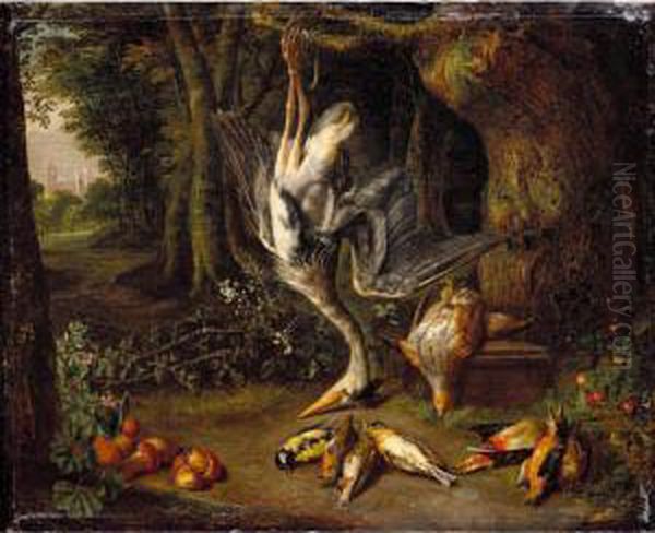 Dead Game, Including A Heron,
Partridge And Songbirds In A Wooded Landscape, A Chateu In The Left
Distance - view 1