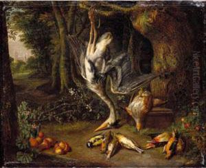 Dead Game, Including A Heron, 
Partridge And Songbirds In A Wooded Landscape, A Chateu In The Left 
Distance