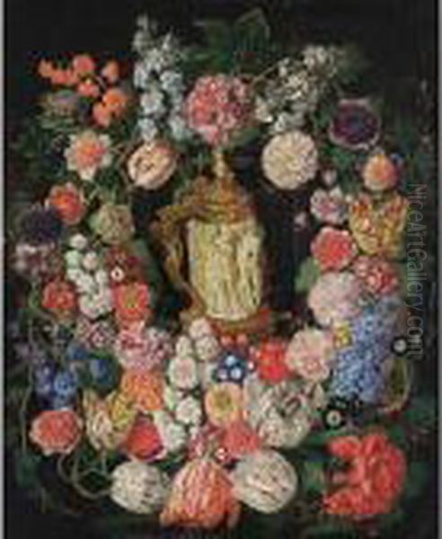 A Flower Garland With Tulips, 
Poppy Anemones, Hyacinths, Auricula, Carnations, Corn Flowers And Black 
Berries Surrounding A German Silver-gilt And Ivory Tankard - view 1