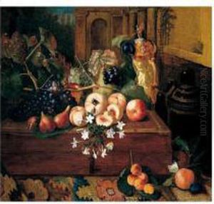 Still Life Of Peaches, Grapes, A
 Pear And A German Ivory Tankard Upon A Wooden Box, Together With Apples
 And Apricots Upon A Carpet