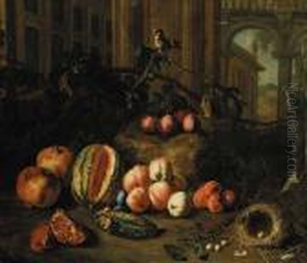 Plums On The Branch, Peaches,
Apricots, A Melon, Pomegranates, A Nest With Eggs And A Goldfinch By
Classical Buildings, A Landscape Beyond - view 1