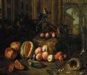 Plums On The Branch, Peaches, 
Apricots, A Melon, Pomegranates, A Nest With Eggs And A Goldfinch By 
Classical Buildings, A Landscape Beyond