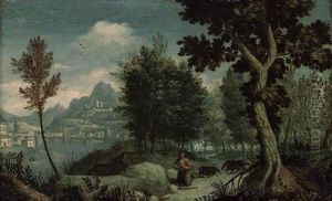A Mountainous River Landscape With The Prodigal Son, A View Ofverona Beyond