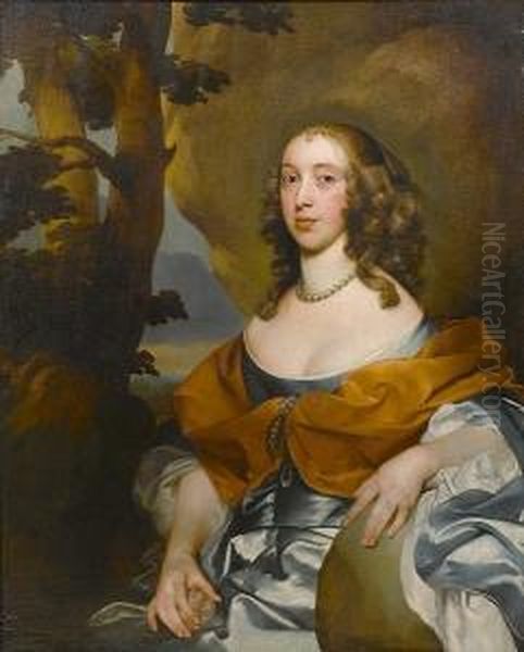 Portrait Of A Lady,
Half-length, In A Blue Silk Dress With A Russet Shawl, Wearing Pearls
And Holding A Pink Rose, Seated In A Landscape - view 1