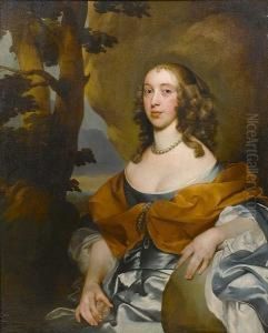 Portrait Of A Lady, 
Half-length, In A Blue Silk Dress With A Russet Shawl, Wearing Pearls 
And Holding A Pink Rose, Seated In A Landscape