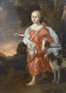 Portrait Of A Young Girl, 
Standing Full-length, Dressed As Diana The Huntress, A Dog At Her Side, 
In A Landscape