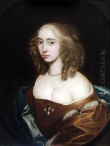 Portrait Of Anne, Viscountess 
Bayning, Head And Shoulders Wearing Agold Dress And Blue Robe