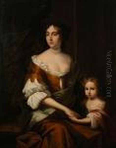 A Portrait Of Anne Buck, Seated 
In Brown Gown And White Chemise With Her Daughter In Pink Cloak - view 1