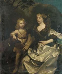 Double Portrait Of A Lady And 
Her Son, Full-length, The Ladyseated, In A Silver Dress With A Brown 
Wrap, The Boy In An Orangetunic, His Right Hand Resting On The Head Of A
 Hound, In Alandscape