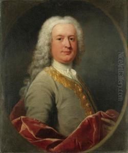 Portrait Of A Gentleman Believed
 To Be A Member Of The Foleyfamily, Half-length, In A Grey Coat With 
Gold Brocade And A Redvelvet Cloak, Feigned Oval by Andrea Soldi