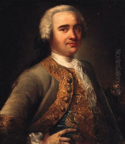 Portrait Of A Gentleman,
Half-length, In A Gold Embroidered Greycoat And Waistcoat And White
Stock, A Tricorn Under His Arm - view 1