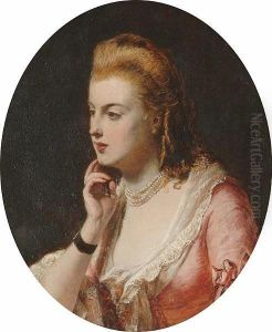 Portrait, Bust Length Of A Lady Wearing A Pink Dress by Abraham Solomon
