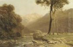 A Chilean Landscape With A Bullock Cart On A Track By A River, The Andes Beyond by Thomas Jacques Somerscales