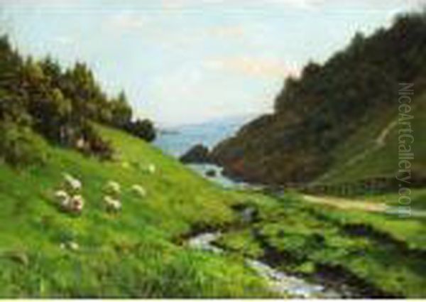 Sheep Grazing By A Stream In Summer - view 1