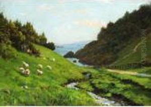 Sheep Grazing By A Stream In Summer