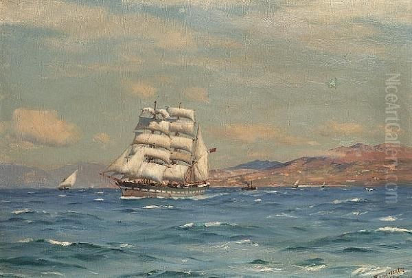 A British-registered 
Three-masted Barque Outward Bound From Valparaiso, With The Coast 
Receding Astern Of Her - view 1