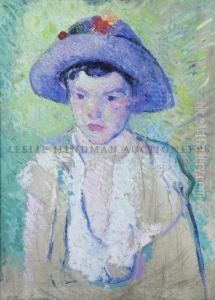 Young Girl In A Purple Hat With Flowers