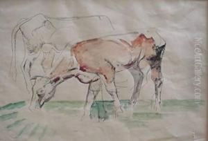Horse And Cow- Watercolor And 
Pen And Ink On Paper, Minor Handling Creases, Some Tears In Paper Lower 
Right Corner, Some Foxing And Staining. 11 X 16''
