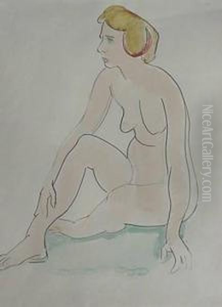 Seated Nude- Watercolor And Pen And Ink On Paper, Very Good Condition. 15 X 10 1/2'' - view 1