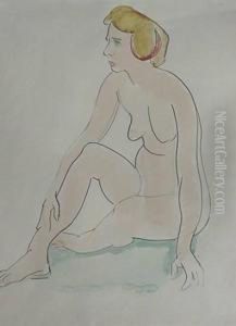 Seated Nude- Watercolor And Pen And Ink On Paper, Very Good Condition. 15 X 10 1/2''