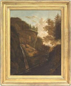 Landscape With A Waterfall. Oil/oak