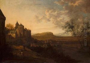 An Extensive River Landscape 
With A Castellated Village On A Hill And Figures In The Foreground