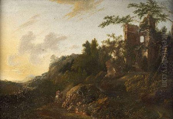 Horseman On A Wooded Mountain Road Leading To Ruins - view 1
