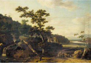 An Italianate River Landscape With Figures And Animals On A Road, A Ruined Castle Beyond by Jan Gabrielsz. Sonje