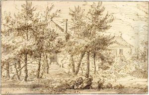 Landscape With Houses Behind Trees And Figures Resting In The Foreground by Jan Gabrielsz. Sonje